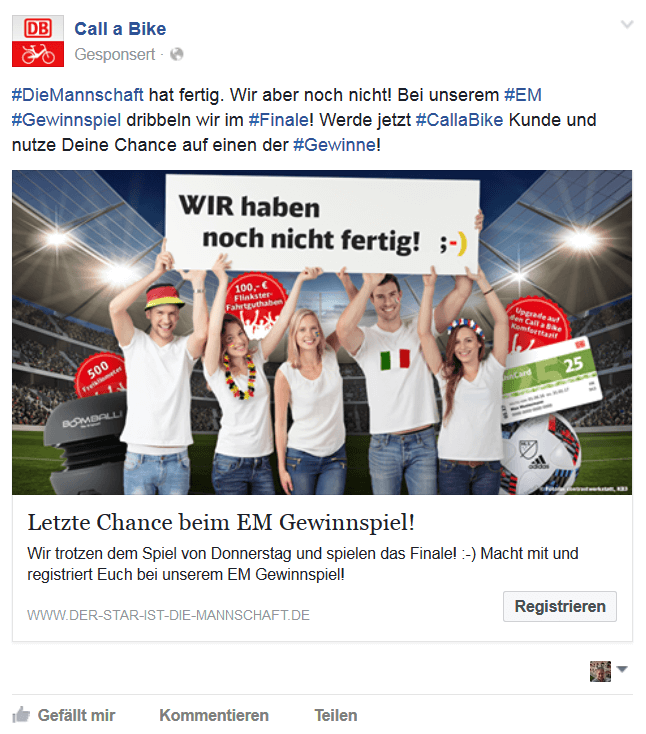 Onlinekampagne EM Beispiel Facebook Werbeanzeige / Kunde Flinkster und Call a Bike / Agentur justZARGES