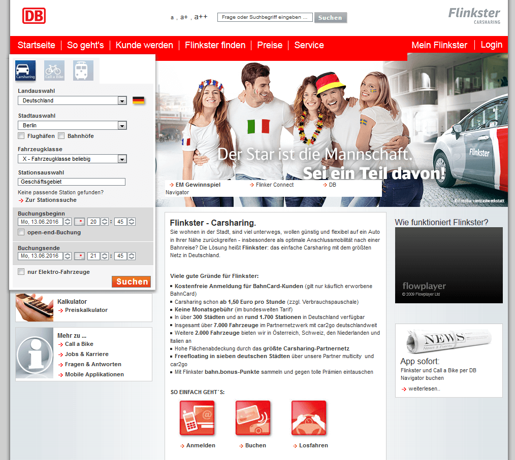 Onlinekampagne EM Beispiel Layouts für externe Websites / Kunde Flinkster und Call a Bike / Agentur justZARGES