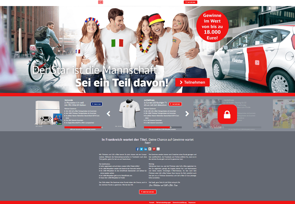 Onlinekampagne EM Beispiel Landingpage / Kunde Flinkster und Call a Bike / Agentur justZARGES
