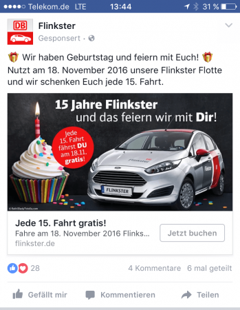 Facebook Werbeanzeige zur Flinkster Geburtstags-Promotion durch die Marketing Agentur justZARGES Facebook Werbeanzeige zur Flinkster Geburtstags-Promotion durch die Marketing Agentur justZARGES