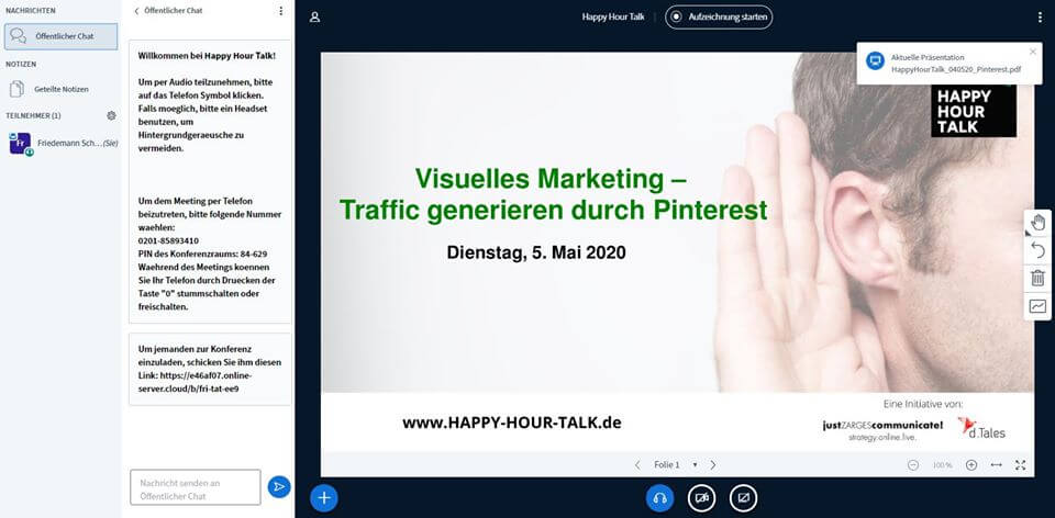 BigBlueButton für unsere Videokonferenz beim HappyHourTalk © Marketingagentur justZARGEScommunicate!