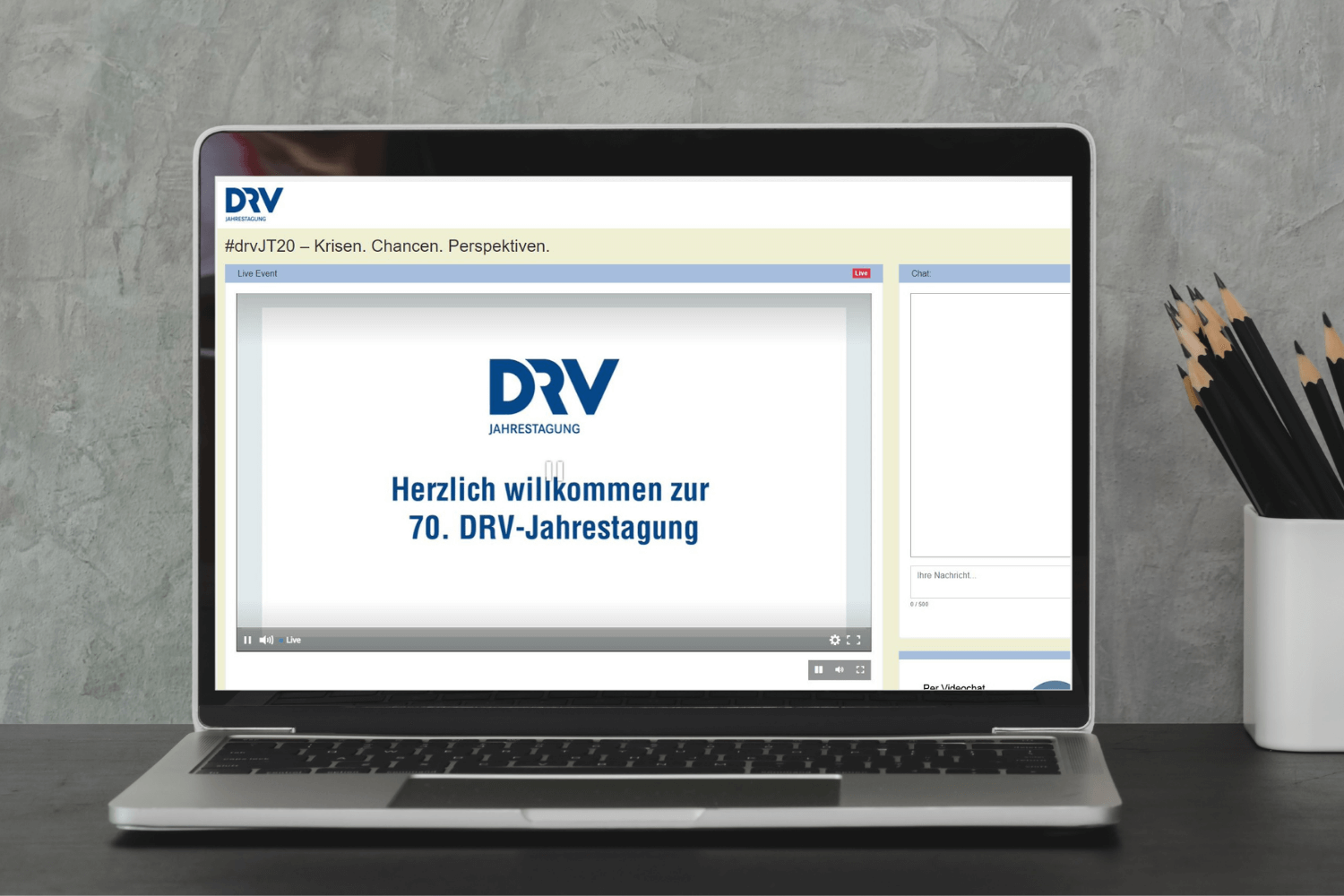 DRV Jahrestagung 2020: Startbildschirm des virtuellen Events © Marketingagentur justZARGEScommunicate!