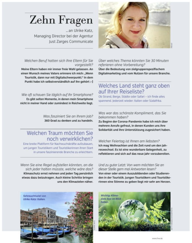 Touristische Fachzeitschrift fvw: 10 Fragen an Ulrike Katz, Managing Director justZARGEScommunicate!