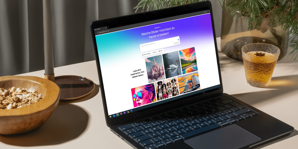 Ein Laptop steht auf einem Schreibtisch, auf dem Bildschirm sieht man den KI-Bildgenerator des Designprogramms Canva. Neben dem Laptop steht links eine Schale mit Nüssen und eine Lampe, rechts eine Vase mit Tannenzweigen und ein Glas mit einem Getränk.