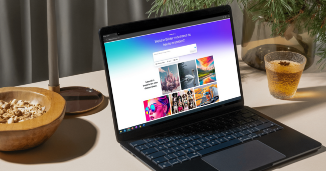 Ein Laptop steht auf einem Schreibtisch, auf dem Bildschirm sieht man den KI-Bildgenerator des Designprogramms Canva. Neben dem Laptop steht links eine Schale mit Nüssen und eine Lampe, rechts eine Vase mit Tannenzweigen und ein Glas mit einem Getränk.